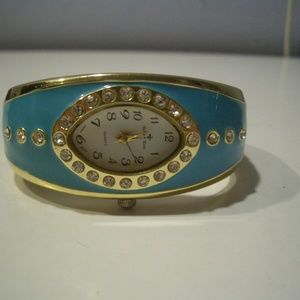 BELLA & ROSE TEAL ON GOLD RHINESTONE BANGLE WATCH